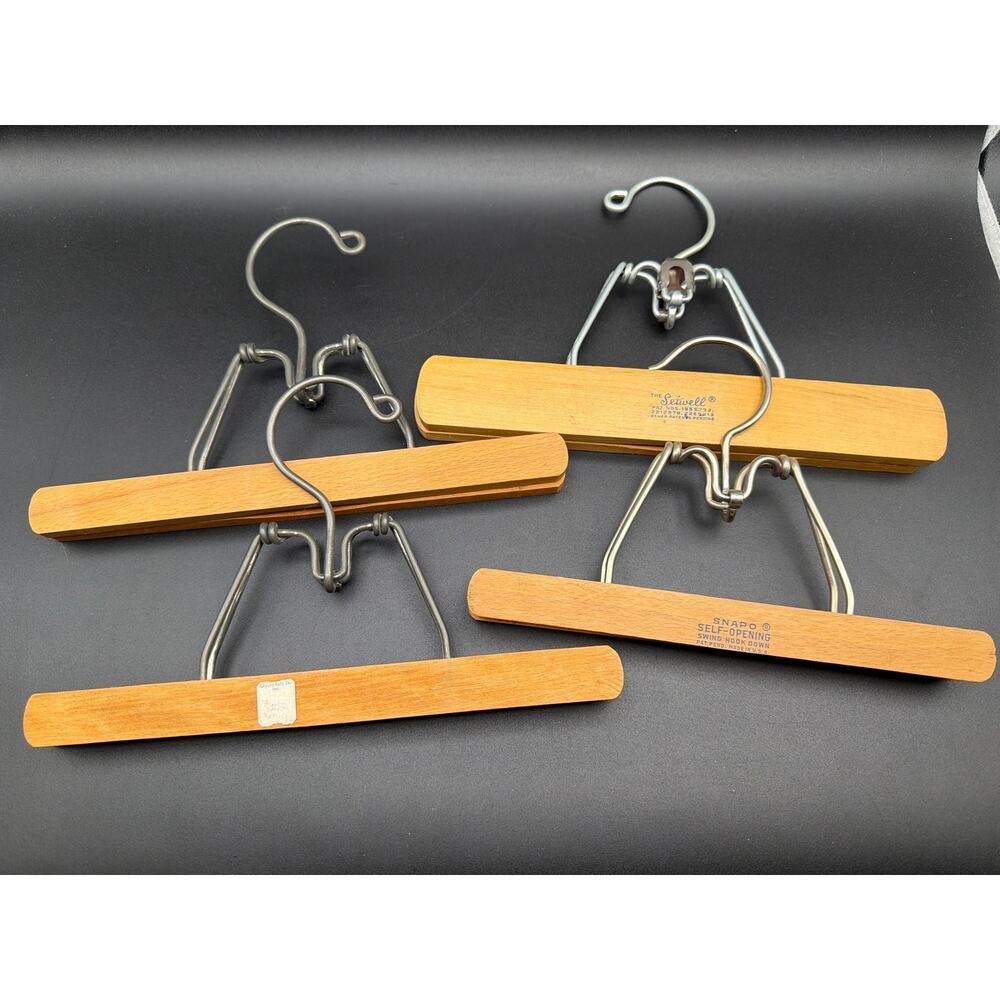 Vintage Wooden Clamp Pants Hangers Setwell Snapo Felt Lined Skirt Hangers USA